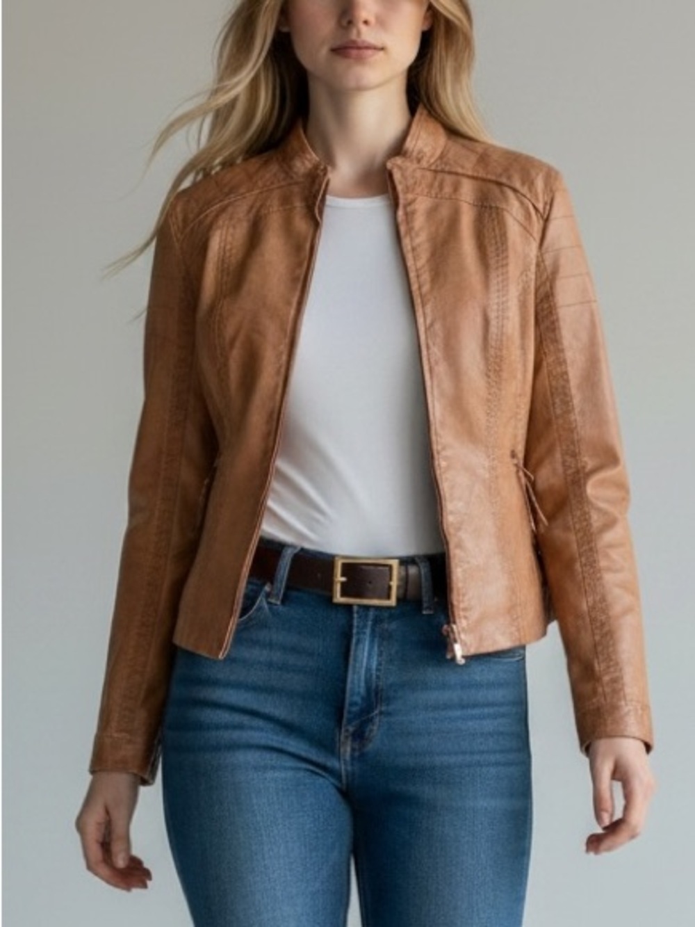 Le Chateau Cognac Tan Brown Faux Leather Moto Biker Jacket Size XS